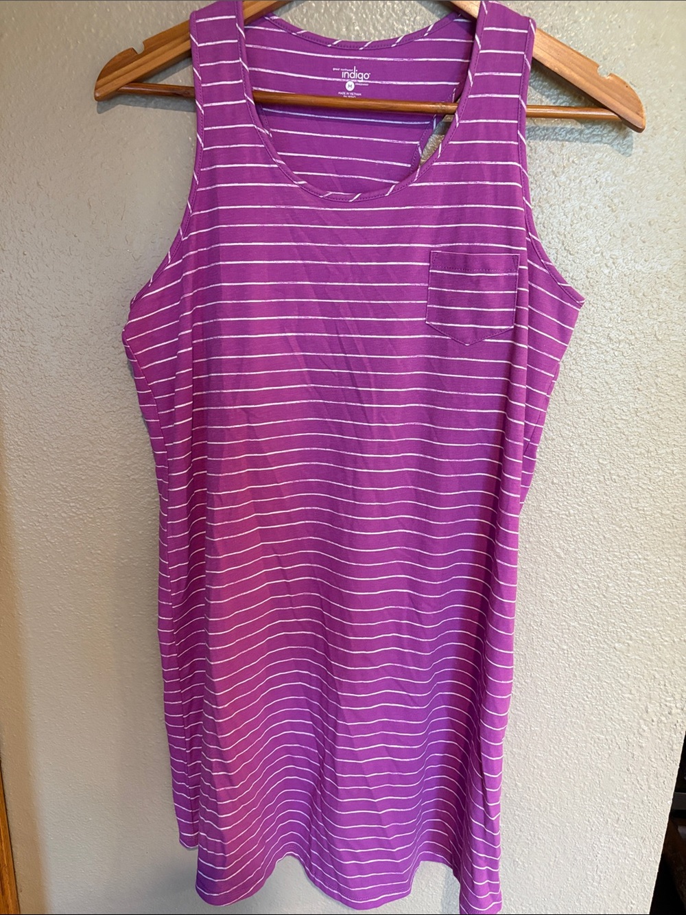 Indigo Sleeveless Striped t-shirt dress in purple and white w/shelf bra